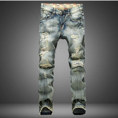Men's shredded nostalgic jeans flag bottom cloth more worn and washed denim trousers
