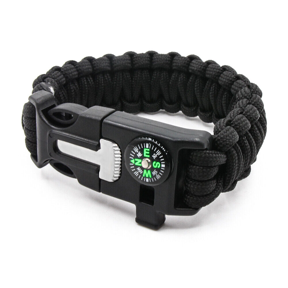 Outdoor Survival Bracelet with Compass, Whistle, and Fire Starter.