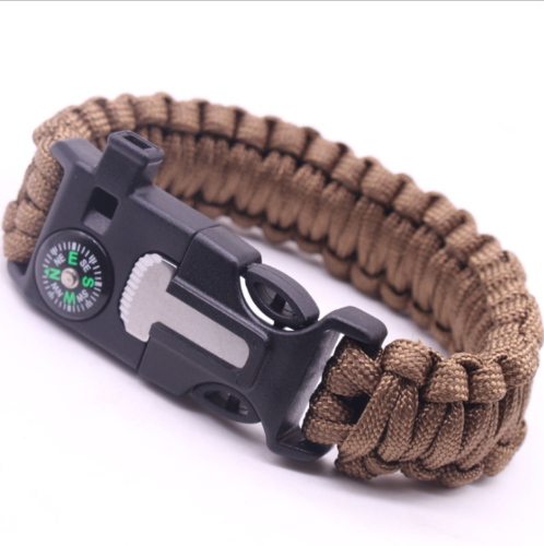 Outdoor Survival Bracelet with Compass, Whistle, and Fire Starter.